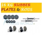 16 KG Rubber Plates + Dumbells Rods Body Maxx